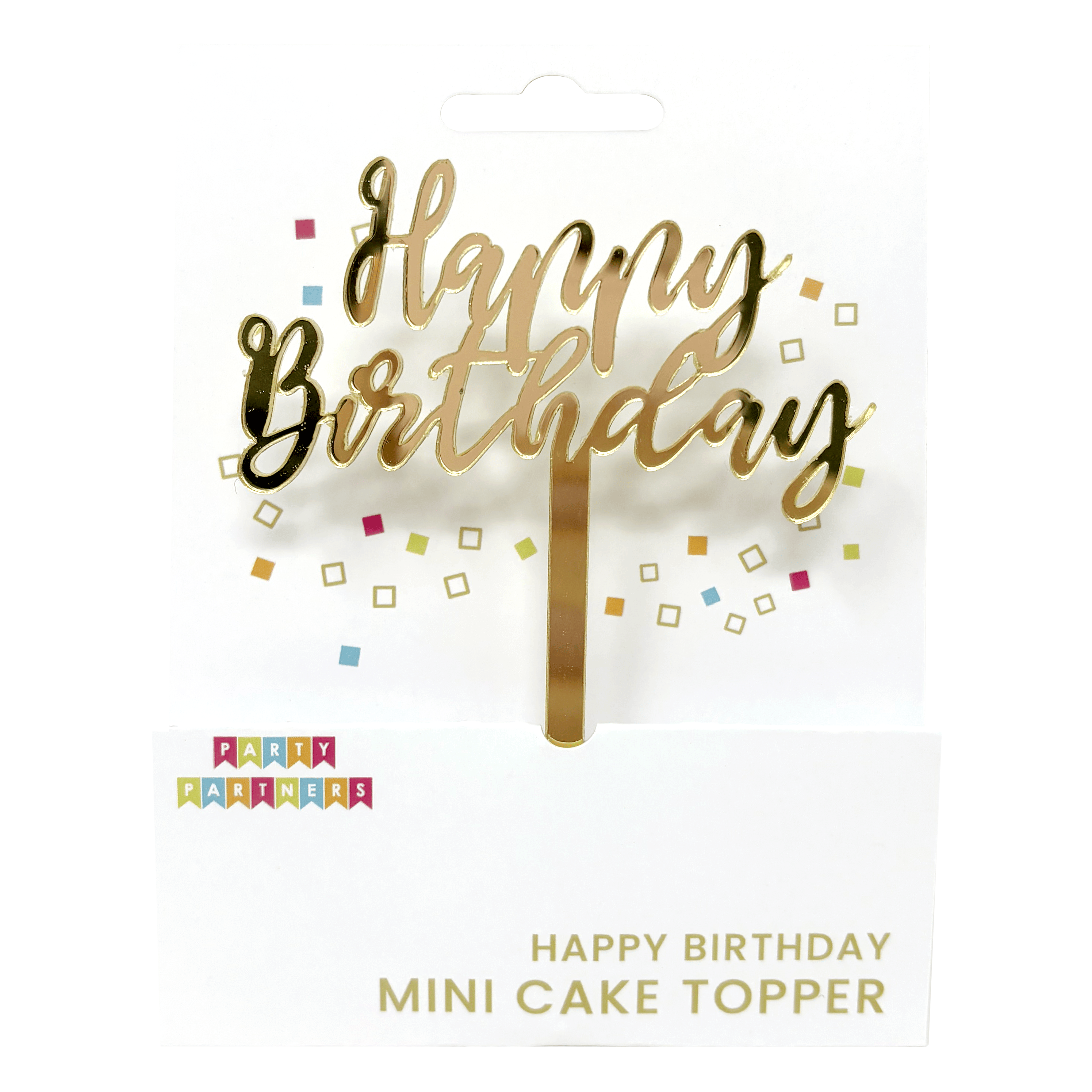 Gold mini cake topper from Party Partners with "BD" design, ideal for birthday cakes and celebrations.
